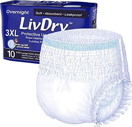 LivDry Yetişkin İnkontinans İç Çamaşırı, Gecelik Konfor Emiciliği, Sızıntı Koruması (XXX-Large (10 Sayım))