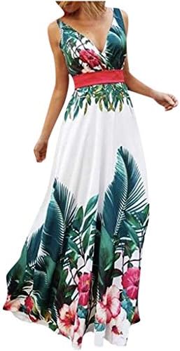 Kadın yaz V yaka kolsuz toplamak Bel Bohem çiçek baskılı Maxi elbiseler Vintage Plaj Elbise