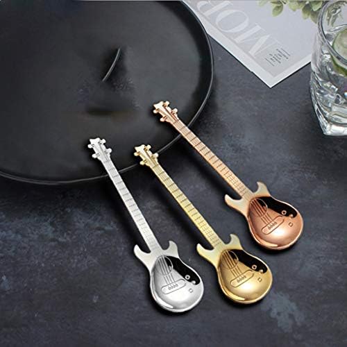 SHUISHUI 3 ADET Sevimli kahve kaşıkları Gitar Şekli Mini tatlı kaşığı Dondurma Metal Paslanmaz Çelik Enstrüman Bas Küçük Kaşık