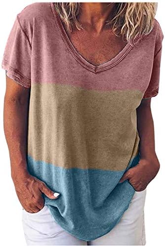 Renk Blok Gömlek Kadınlar için Kısa Kollu Çizgili T-Shirt Vintage Crewneck Yaz Tops Casual Gevşek Rahat Bluzlar Tees