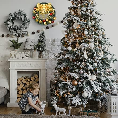 Merry Christmas Çelenkler Kırmızı İlmek ile 12 inç El Yapımı Noel Çelenk, altın Çan ve Kapalı Açık Kapı Duvar Süsleme için Pencere