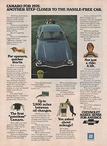 2 Orijinal Dergi Basılı Reklam Seti: 1975 Chevy Camaro Daha Yalın Çalışır.Temizleyici.Para sizi kurtarır.Her Kilometresinde.Sorunsuz