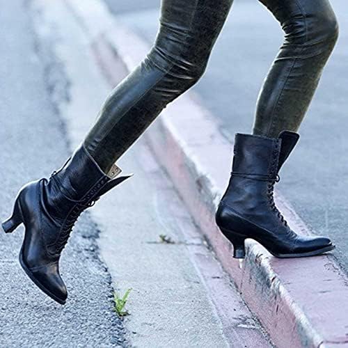 Kadın Sivri Burun bağcıklı çizmeler Başak Topuklu Punk Orta Topuklu yarım çizmeler deri ayakkabı, bayanlar Rahat Punk Yüksek