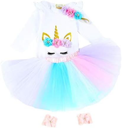 Yay Rüya Bebek Kız 1st Doğum Günü Kıyafetler Set 4 pc Gökkuşağı Tutu Etek + T-Shirt + Çiçek Kafa Bandı+Ayak Sandalet