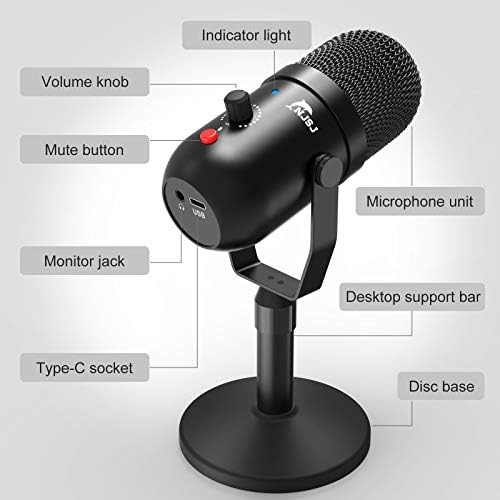 NJSJ USB Masaüstü Mikrofon Bilgisayar ve Mac için, Kondenser PC Mikrofon Sessiz Düğmesi ile Kulaklık Jakı için Oyun Akışı Kayıt