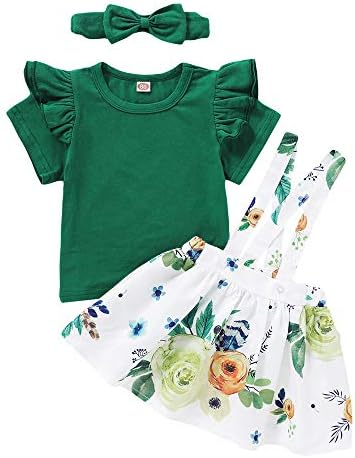 Toddler Bebek Kız Etek Seti Fırfır Tops + Çiçek Askı Etek + Ilmek Bandı 3 Adet Toddler Kız Kıyafetler