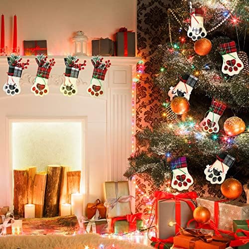 12 Parça Pet Paw Desen Çorap Noel Çorap Buffalo Ekose Şömine Asılı Çorap Pet ve Noel Dekorasyon için (Kırmızı ve Yeşil)