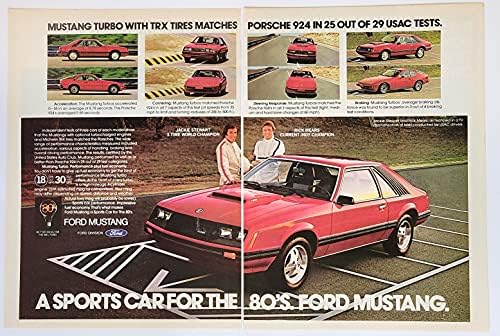 Dergi Baskı ilanı: 1980 Ford Mustang Turbo, Yarış Pilotları Jackie Stewart ve Rick Mears ile birlikte, 80'ler için Bir Spor Otomobil