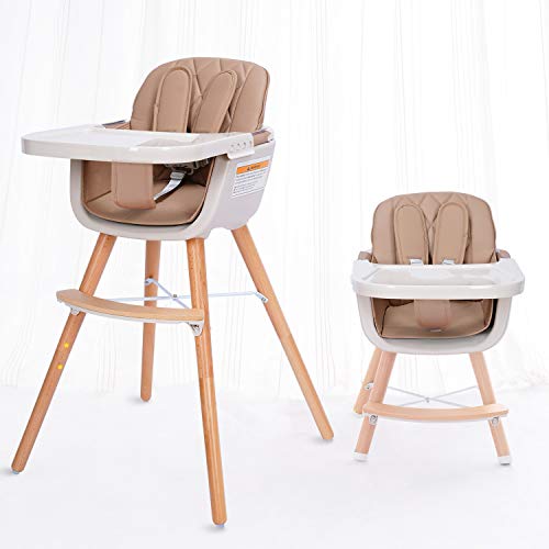 çıkarılabilir Tepsi ve Ayarlanabilir Bacaklar ve Yastık ile küçük güvercin 3'ü 1 arada Dönüştürülebilir Ahşap Mama Sandalyesi-Kahverengi