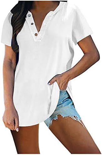 Padaleks Bayan Düğmeleri V Boyun Tops Gömlek Kısa Kollu Yaz Rahat Gevşek Katı Bluz T-Shirt Egzersiz Üst
